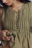 Sleeveless Pleated Blouse with Button Detail
