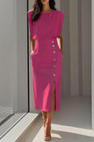 Button-Detail Slit Midi Dress