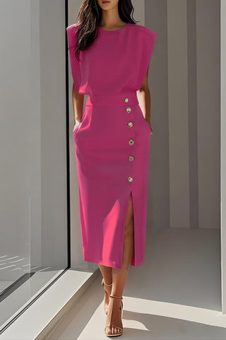 Button-Detail Slit Midi Dress