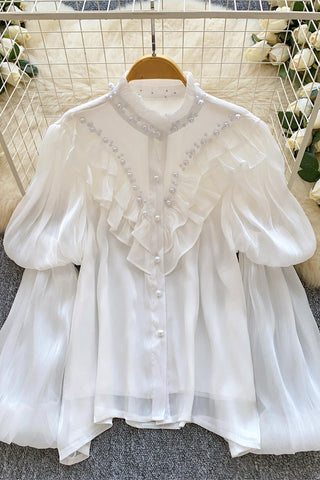 Pearl-Trimmed Ruffle Blouse
