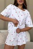 Heart Print Ribbed Knit Shorts Set