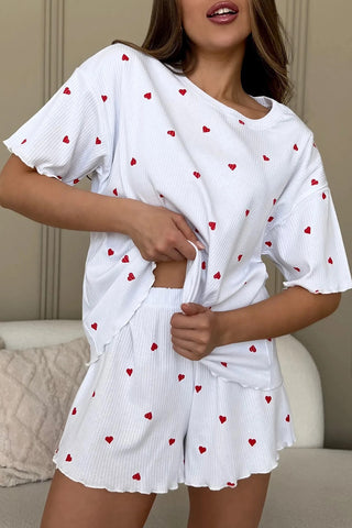 Heart Print Ribbed Knit Shorts Set