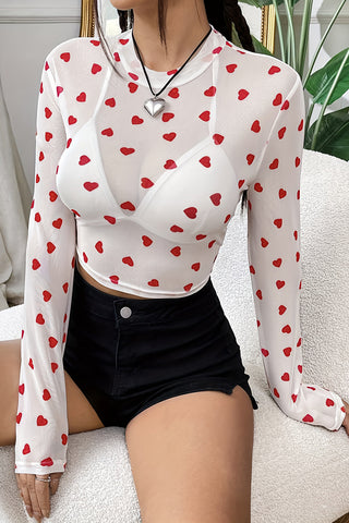 Heart Pattern Sheer Long Sleeve Tee