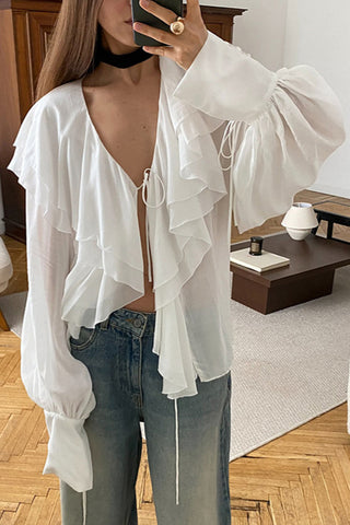 Ruffled V-Neck Blouse with Balloon Sleeves
