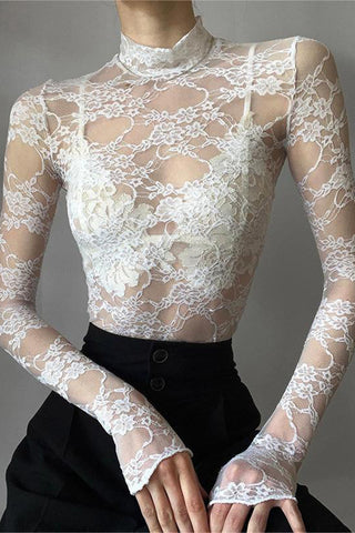 High-Neck Lace Long Sleeve Blouse