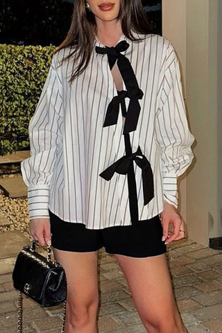 Striped Bow-Tie Front Blouse