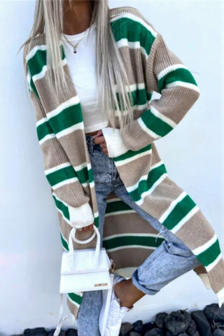 Striped Open-Front Long Cardigan