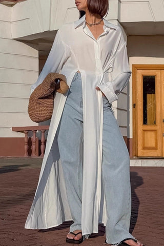 Longline Button-Up Shirt Blouse