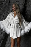 Feather-Trim Kimono Short Set