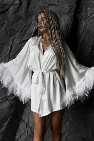 Feather-Trim Kimono Short Set