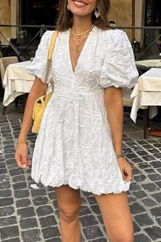 V-Neck Puff Sleeve Casual Dress
