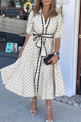 Polka Dot Scalloped Trim Belted Midi Dress