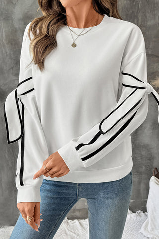 Bow-Accent Striped Sleeve Sweatshirt