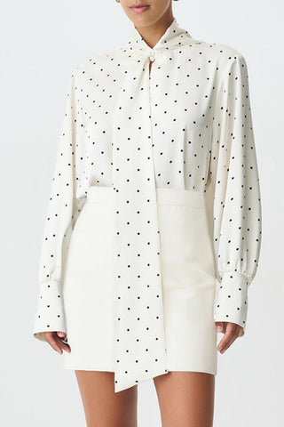 Polka Dot High-Neck Blouse with Tie