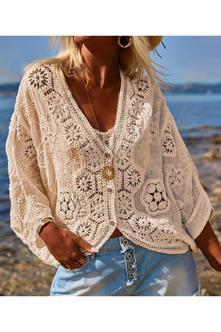 Crochet Lace Button-Up Blouse