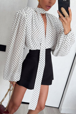 Polka Dot Tie-Neck Blouse