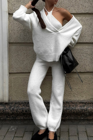 V-Neck Pullover & Halter Top Pants Set