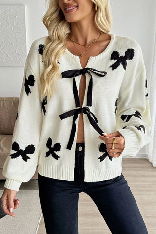 Bow-Tie Front Cardigan with Patterned Design