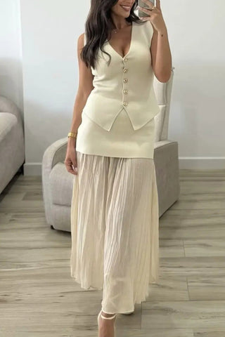 Button Vest and Pleated Skirt Set