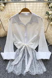 Button-Front Tie Waist Blouse