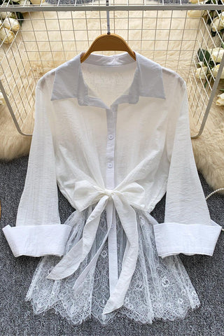 Button-Front Tie Waist Blouse