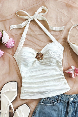 Floral-Embellished Halter Neck Tank