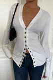 Button-Up V-Neck Long Sleeve Top