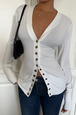 Button-Up V-Neck Long Sleeve Top