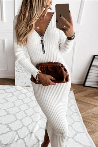 Zip-Front Ribbed Casual Dress
