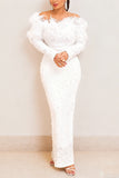 Feathered Off-Shoulder Gala Dress