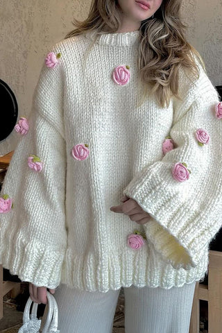 Oversized Knit Sweater with Floral Details