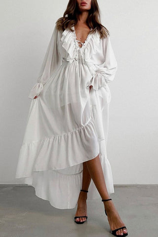 Ruffled V-Neck Long Casual Dress