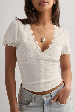 Lace Trim Button-Front Blouse