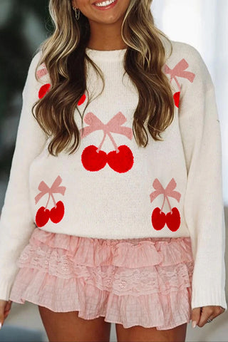 Cherry Pattern Drop Shoulder Sweater