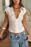 Button-Front Lace Trim Blouse