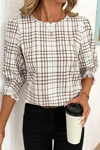 Plaid Frilled Puff Sleeve Blouse