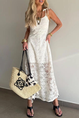 Tie Spaghetti Strap Floral Lace Overlay Dress