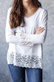 V Neck Long Sleeve Top with Lace Trim