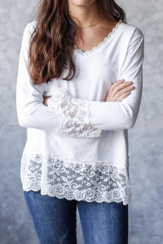 V Neck Long Sleeve Top with Lace Trim