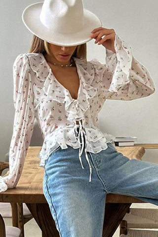 Floral Ruffle Tie-Front Blouse