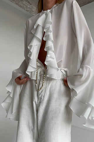 Ruffled Front Blouse with Flowing Sleeves