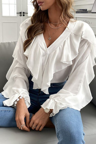 Ruffle-Trim Button-Up Blouse