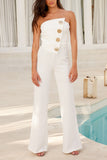 Strapless Button Wide-Leg Jumpsuit