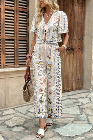 Floral Tie-Front Pants Set