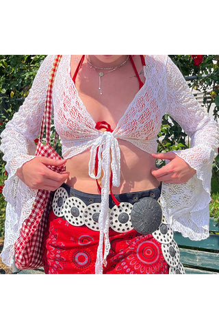 Lace Tie Front Bell Sleeve Cover-Up