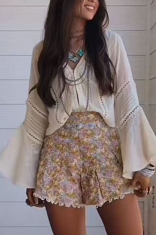Bell Sleeve V Neck Blouse