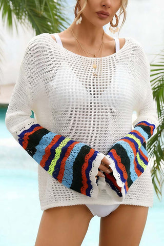 Striped Sleeve Open-Knit Cover-Up