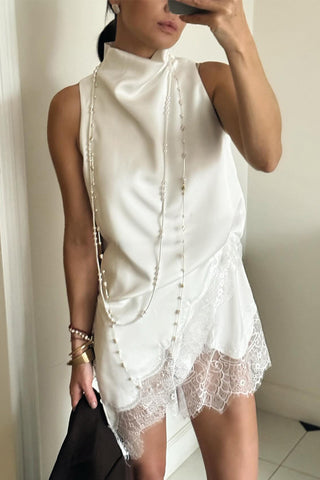 Lace-Trim High-Neck Asymmetrical Tank Top