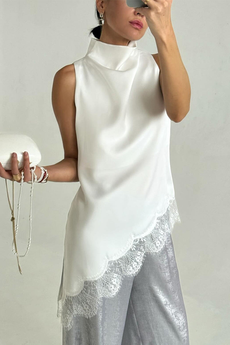 Lace-Trim High-Neck Asymmetrical Tank Top