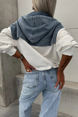Zip-Front Denim Panel Hoodie